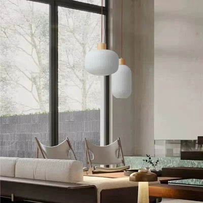 Nordic White Glass Striped Pendant Lights - Simple Wood Restaurant Chandelier for Dining Room, Kitchen, and Bedside Lighting