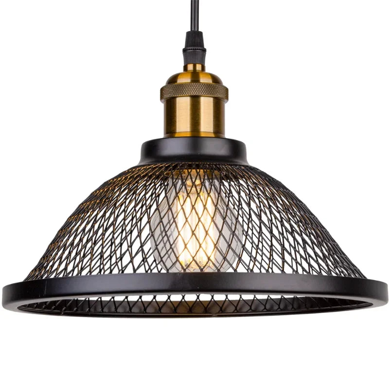 Vintage Industrial Pendant Light (E27 Base) - Black Metal Cage Lamp for Kitchen, Living Room & More