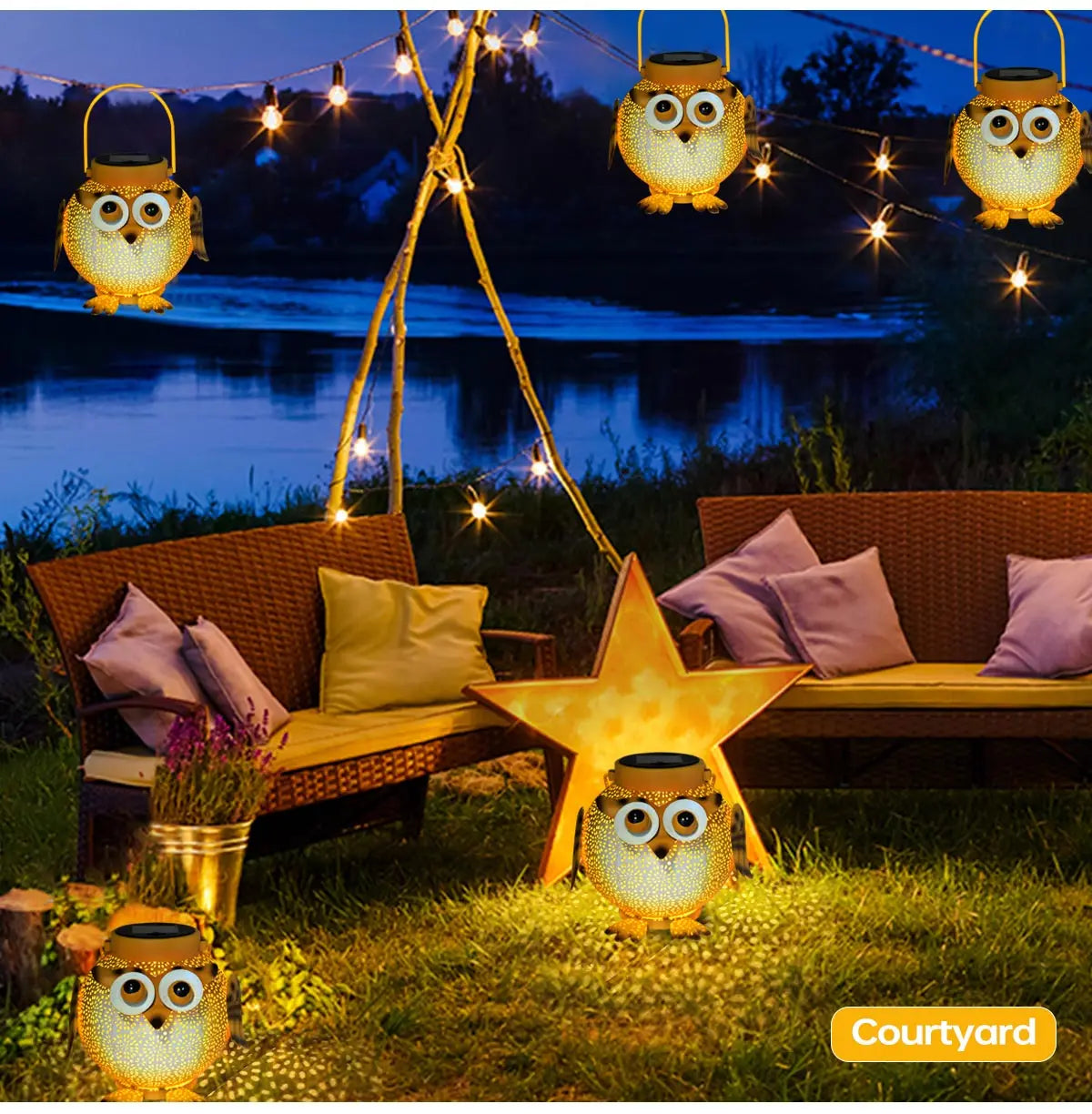 Waterproof  Outdoor Solar Owl LED Pendant Lights for Garden, Patio, Deck, and Backyard