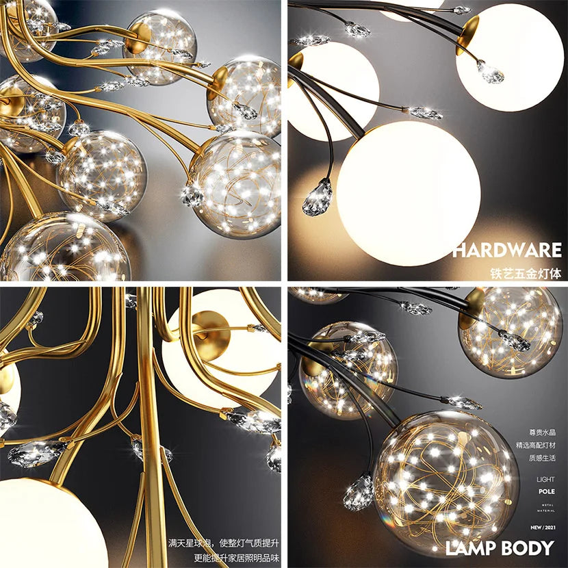 Modern Black and Gold Chandelier with Clear Star and Milk White Glass Globes