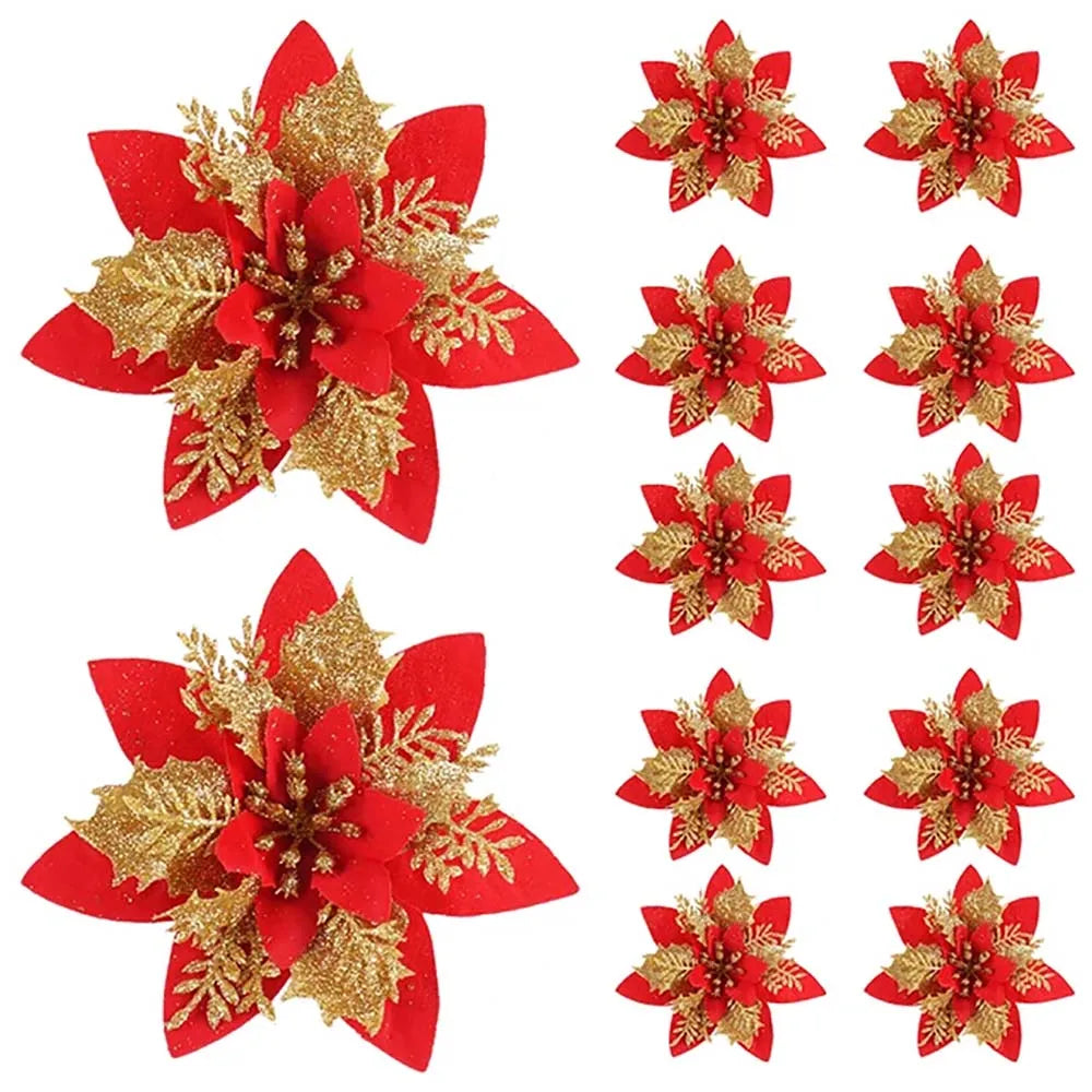 5/10pcs Glitter Artificial Christmas Flowers 14.5cm Pink Red Gold Poinsettia Ornaments for Tree and Home Decoration
