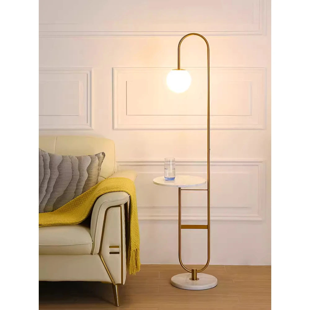 Modern Standing LED Lamp with Marble Table and Base - Elegant Lighting Fixture for Living Room and Bedroom
