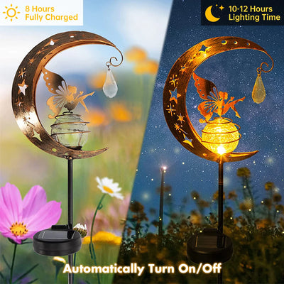 Moon Fairy Garden Solar Stake Lights Outdoor Crackle Glass Globe with Metal Angle Stake Decoration