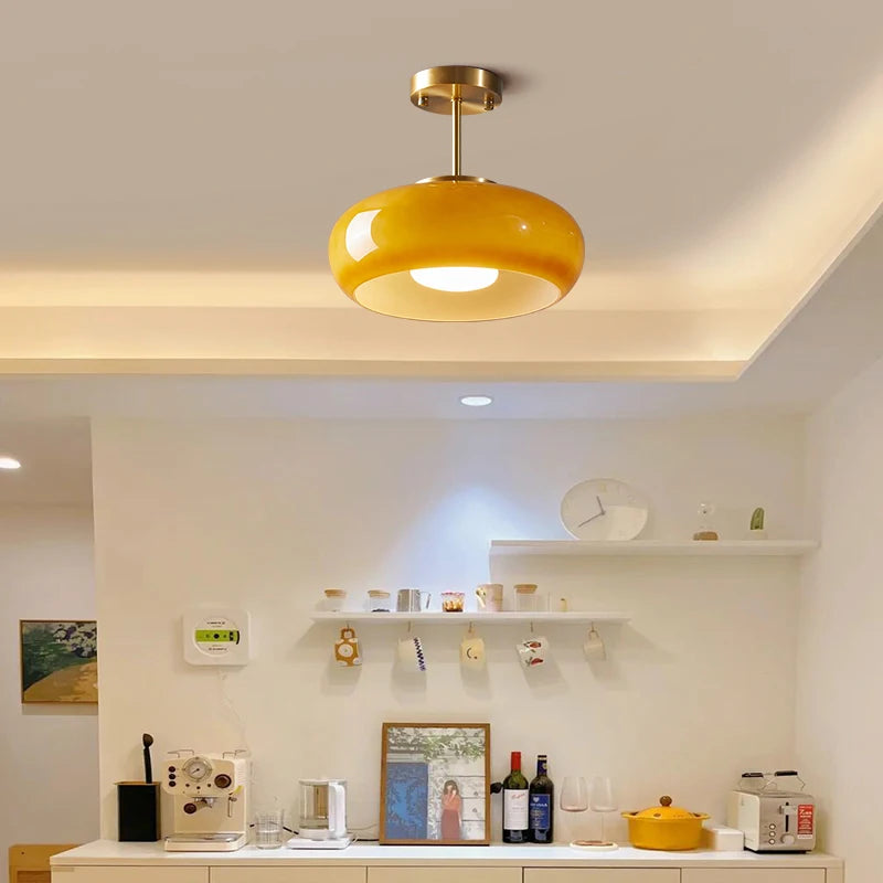 Nordic Modern Yellow Glass LED Pendant Light – 40W Copper Fixture for Bedrooms and Living Rooms