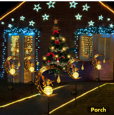 Moon Fairy Garden Solar Stake Lights Outdoor Crackle Glass Globe with Metal Angle Stake Decoration