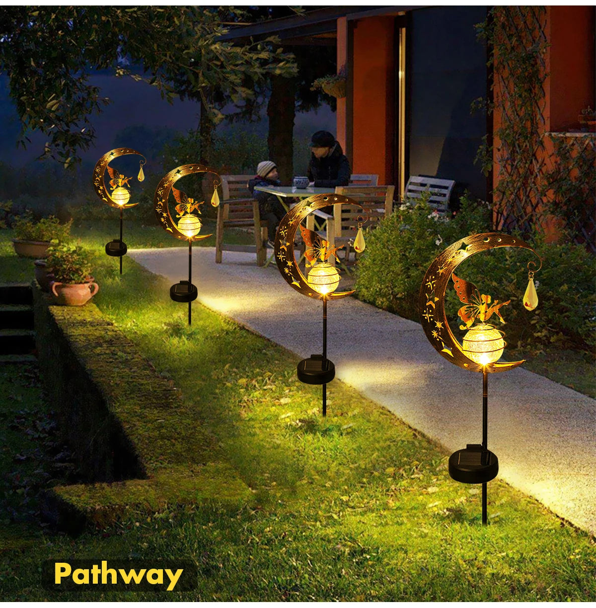 Moon Fairy Garden Solar Stake Lights Outdoor Crackle Glass Globe with Metal Angle Stake Decoration