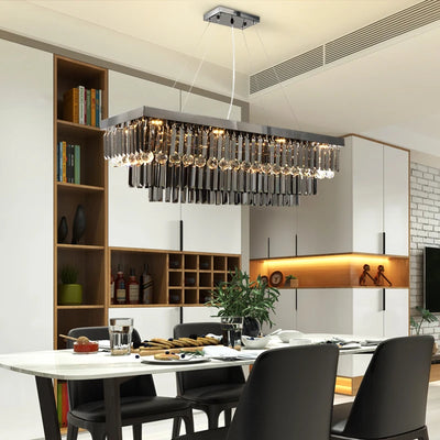 Modern Black Crystal Rectangle Chandelier - LED Suspension Lamp for Dining Room and Kitchen Island