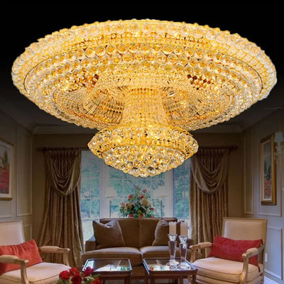 Continental Circular Golden Living Room Crystal Round LED Chandelier Hall Suspended Ceiling Lamp Remote Control Hotel Headlight