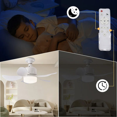 LED Socket Fan Light with Remote - Compact 17.7in Ceiling Fan with LED Light for Kitchen, Bedroom, Small Rooms