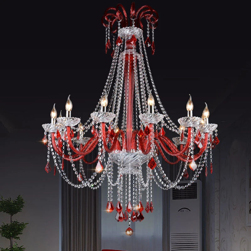 PLLY European Style Crystal Pendant Lamp - Red Candle Lamps for Living Space, Restaurant, or Villa