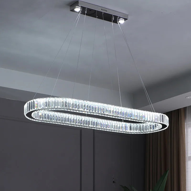 Modern Dimmable LED Pendant Light with Remote Control - Shiny Steel and K9 Crystal Droplight for Dining Table