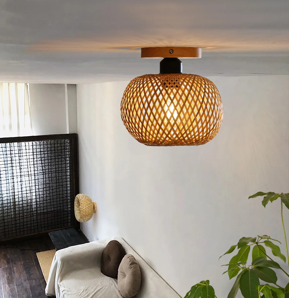 Bamboo Ceiling Lamp - Handmade Rattan Wicker Lighting for Dining, Living, and Coffee Shops