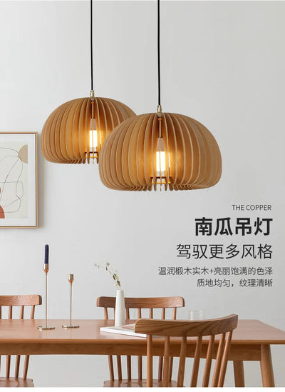 Modern Wood Pumpkin Pendant Light – Handcrafted Hanging Lamp for Dining and Bedroom