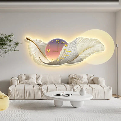 Creative LED Clock Wall Lamp - Elegant Feather Design for Living Room and Bedroom Decor