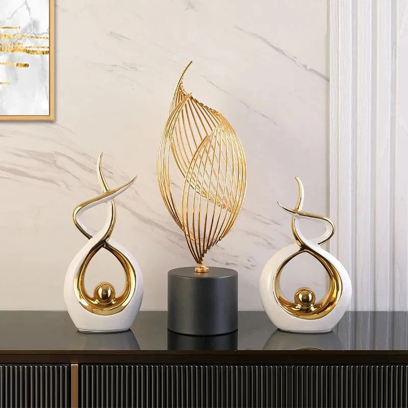 Abstract Ceramic Sculpture - Golden Statue, Modern Home Decoration, Office Desktop Decor, Gift Craft