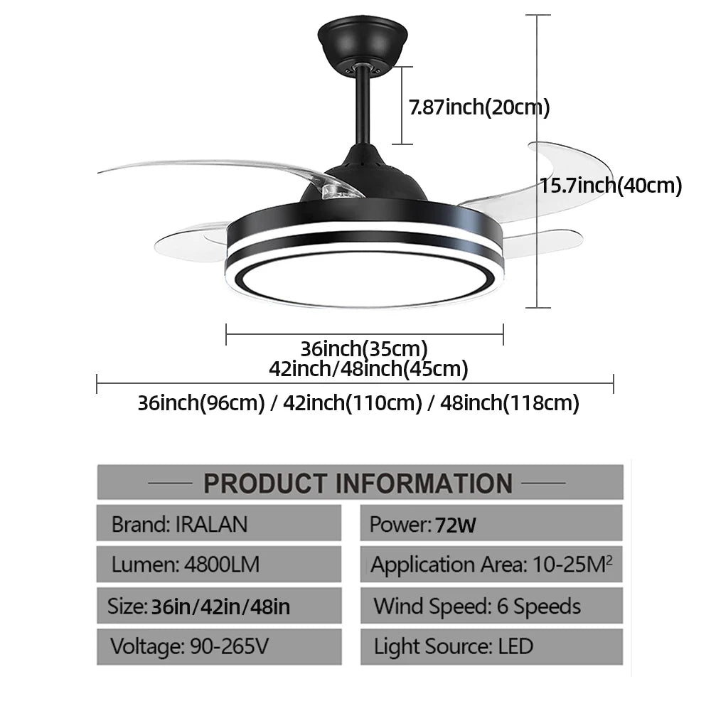 IRALAN Modern Ceiling Fan with Light – Home Electric Fan with Invisible Blades and Remote Control