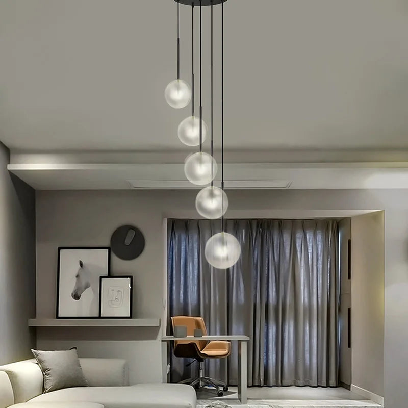 Luxury LED Glass Ball Chandelier Pendant Light - Grand Fixture for Lobby, Stairs, and Dining Room Decor