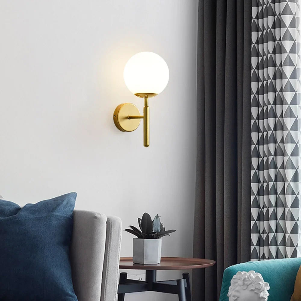 Modern Wall Light with Glass Shade - Semi Flush Mount, Gold Iron Spherical Wall Lamp for Bedroom