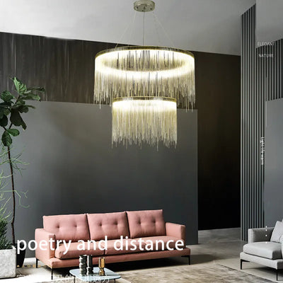 Remote Modern LED Tassel Pendant Chandelier Lights for Luxury Hotel, Living Room Chain Lamp Ceiling Chandeliers