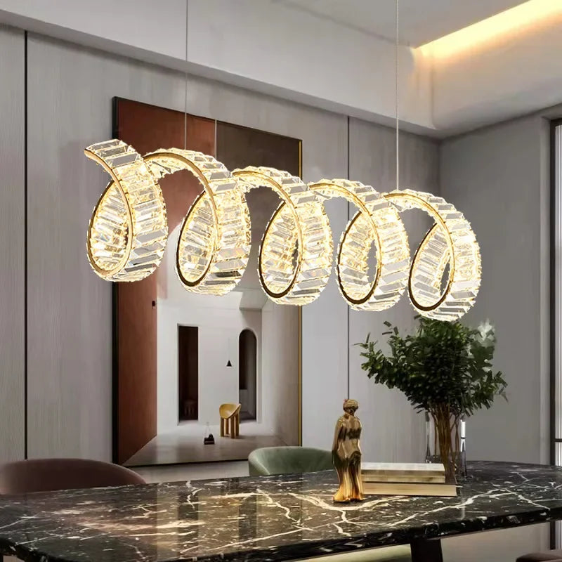 Modern Spiral Crystal Chandelier - Golden Luxury LED Pendant Lamp for Dining Room Decor