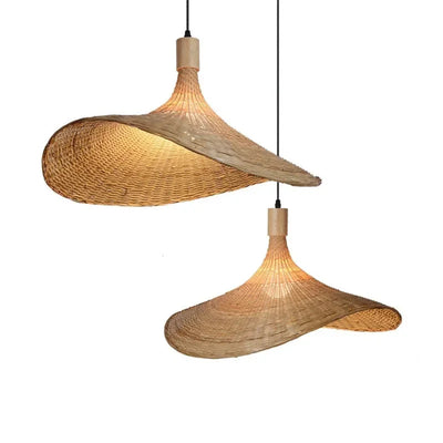 Chic Chinese Bamboo Chandelier: Hand-Woven Rattan Tea Room Lamp with Creative Straw Hat Design