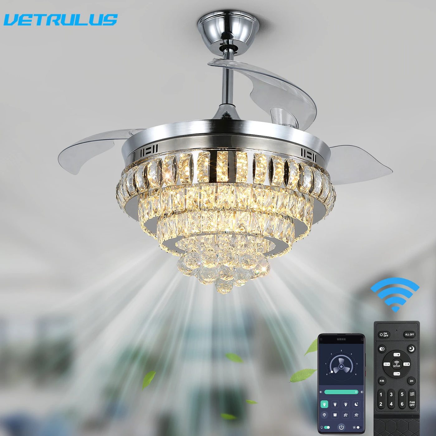 Modern Crystal Ceiling Fan with LED Light and Remote Control for Living and Dining Rooms with Intelligent BLDC Technology