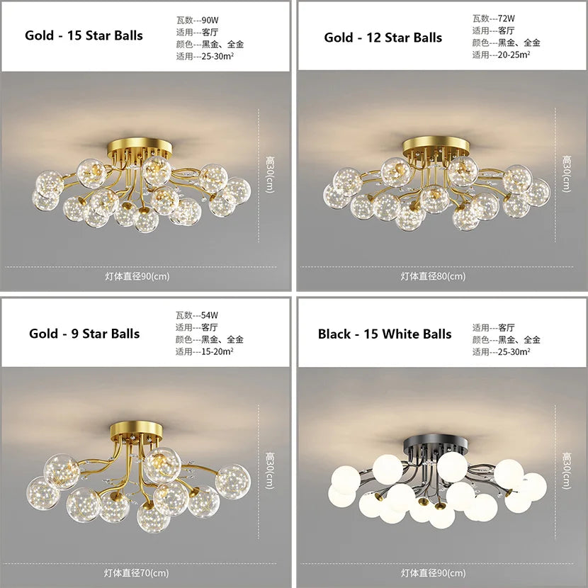 Modern Black and Gold Chandelier with Clear Star and Milk White Glass Globes