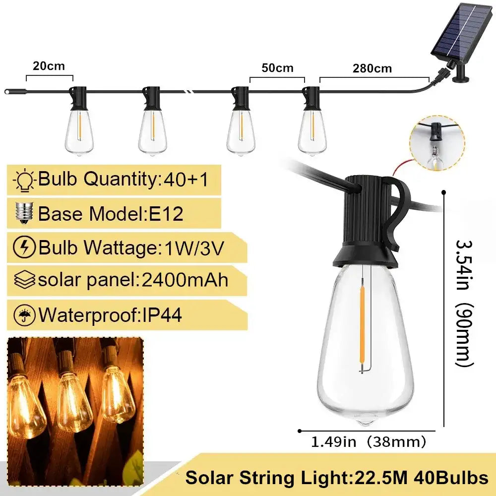 ST38 Solar & USB Outdoor String Lights – Edison Bulbs, 7M–22.5M – Eco ...