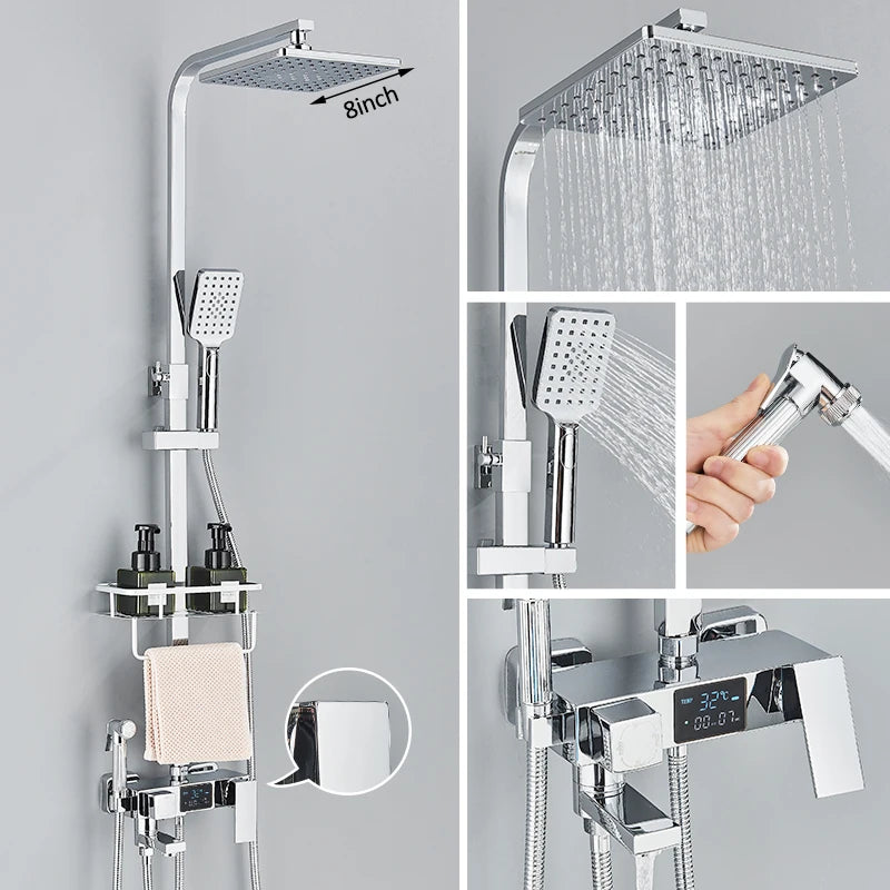 Black Digital Display Thermostatic Shower Faucet Set with Rainfall Shower and 4-Way Mixer