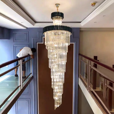 Large Top Long Crystal LED Chandeliers - Hotel Hall Living Room Luxury Multi-layer Staircase Lighting, Black Stainless Steel Light