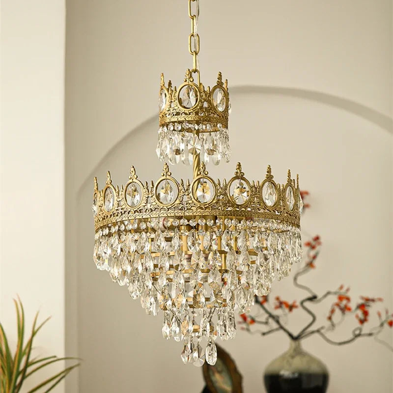 Modern Luxury LED Crystal Chandelier - French Vintage Golden Crown Pendant for Living Room, Bedroom, and Hallway