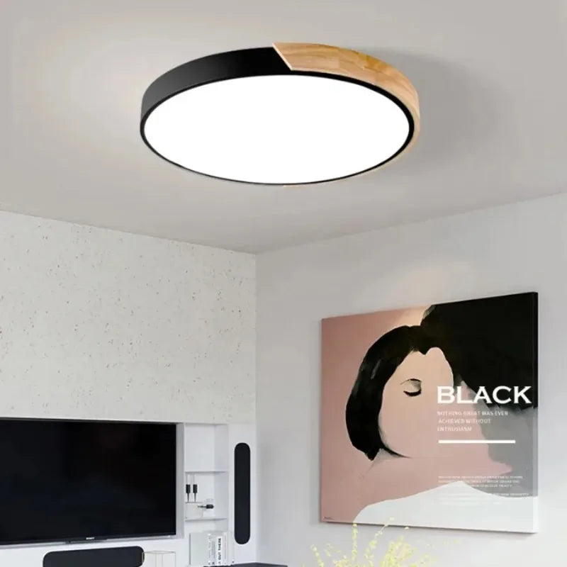 LED Nordic Circular Wooden Edge Ceiling Light – Modern Minimalist Lighting for Bedrooms and Kitchens