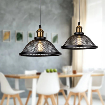 Vintage Industrial Pendant Light (E27 Base) - Black Metal Cage Lamp for Kitchen, Living Room & More