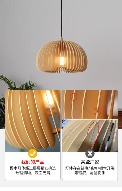 Modern Wood Pumpkin Pendant Light – Handcrafted Hanging Lamp for Dining and Bedroom