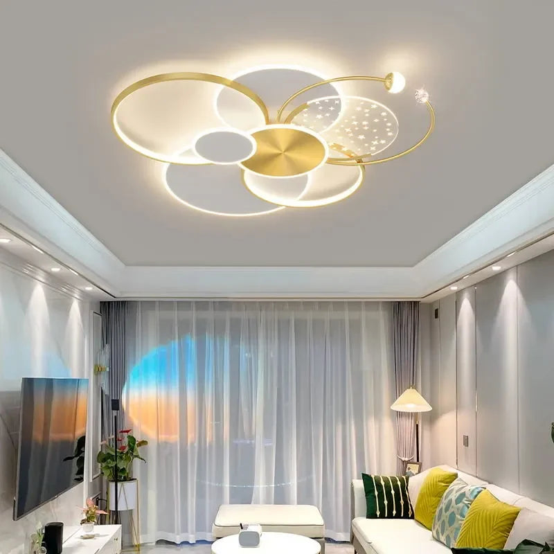 Round Living Room LED Chandelier Luxury Bedroom Full of Stars Gold Chandelier Simple Modern Atmosphere Flush Mount Ceiling Lamp