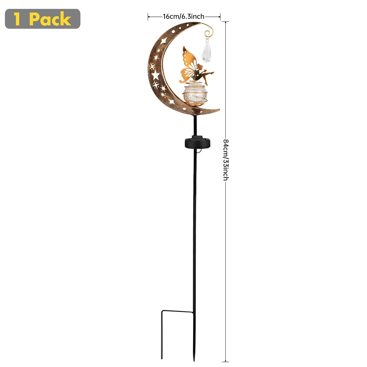 Moon Fairy Garden Solar Stake Lights Outdoor Crackle Glass Globe with Metal Angle Stake Decoration