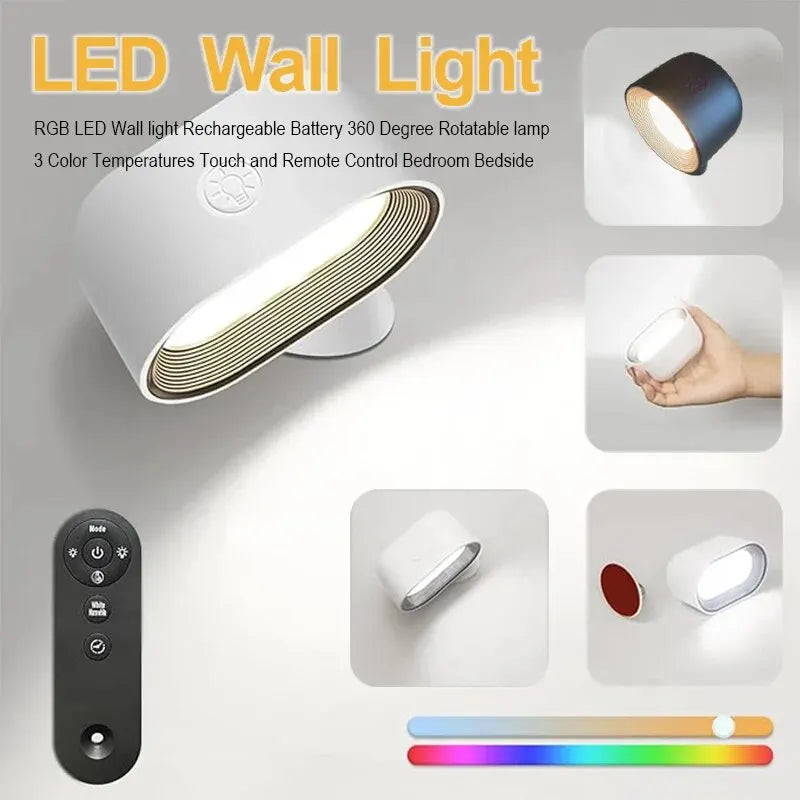 Rechargeable LED Wall Light: 360° Rotatable Lamp with 5 Brightness Levels, Touch and Remote Control