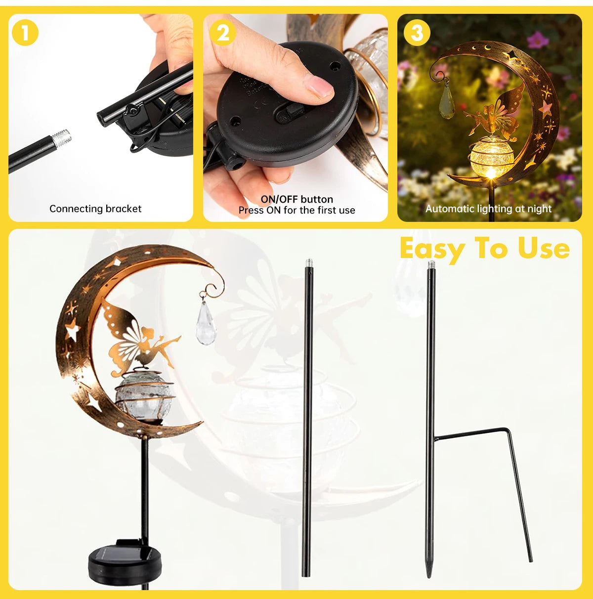 Moon Fairy Garden Solar Stake Lights Outdoor Crackle Glass Globe with Metal Angle Stake Decoration