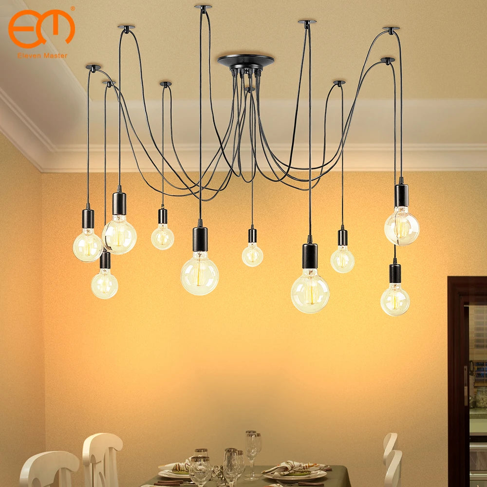 Black Spider Chandelier – Adjustable Nordic Retro Edison Bulb Lamp