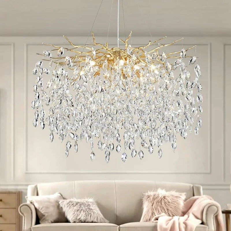 Modern Round Crystal Chandelier - Gold Luxury Ceiling Pendant Light Fixture, Tree Branch Design for Dining