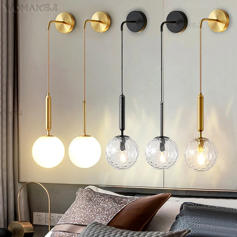 Contemporary Bedside Wall Lamps Sleek Black/Gold Lamp Body with Glass Ball Accent, E27 Bulb, Perfect for Living Rooms