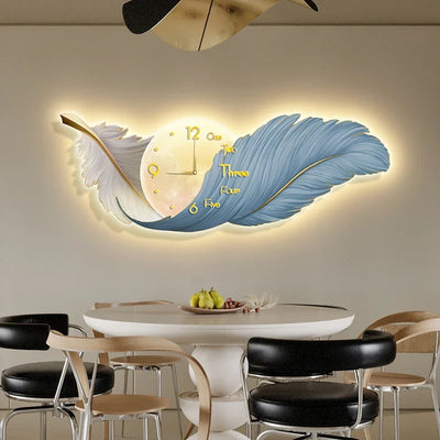 Creative LED Clock Wall Lamp - Elegant Feather Design for Living Room and Bedroom Decor