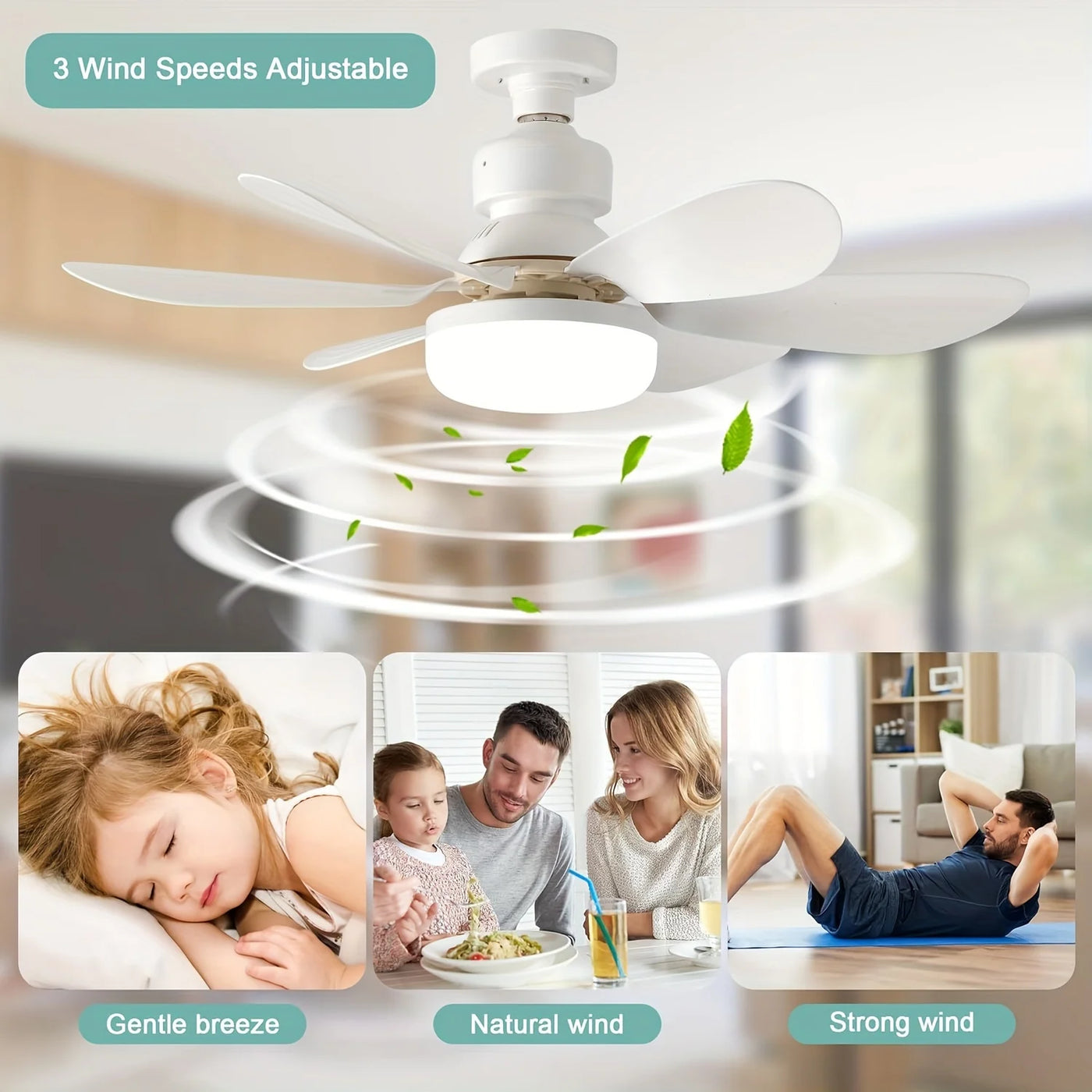 40W Ceiling Fan Light with Remote Control - 20.5in Compact Socket Fan with LED Light for Kitchen, Bedroom, and Small Spaces