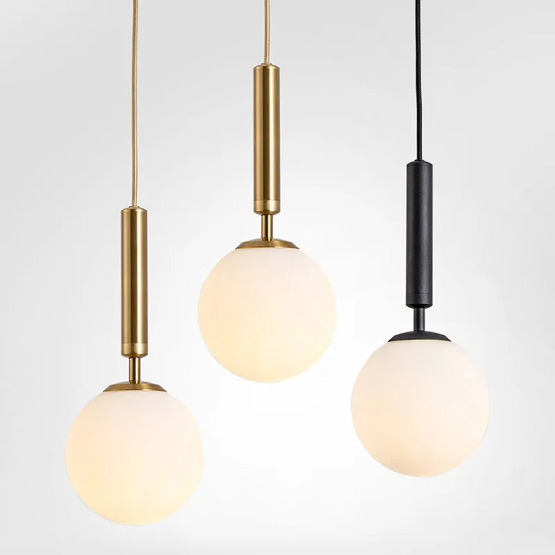 Modern LED Glass Pendant Light: Brass & Black Milk Ball Chandeliers for Bedroom, Dining, Stairs