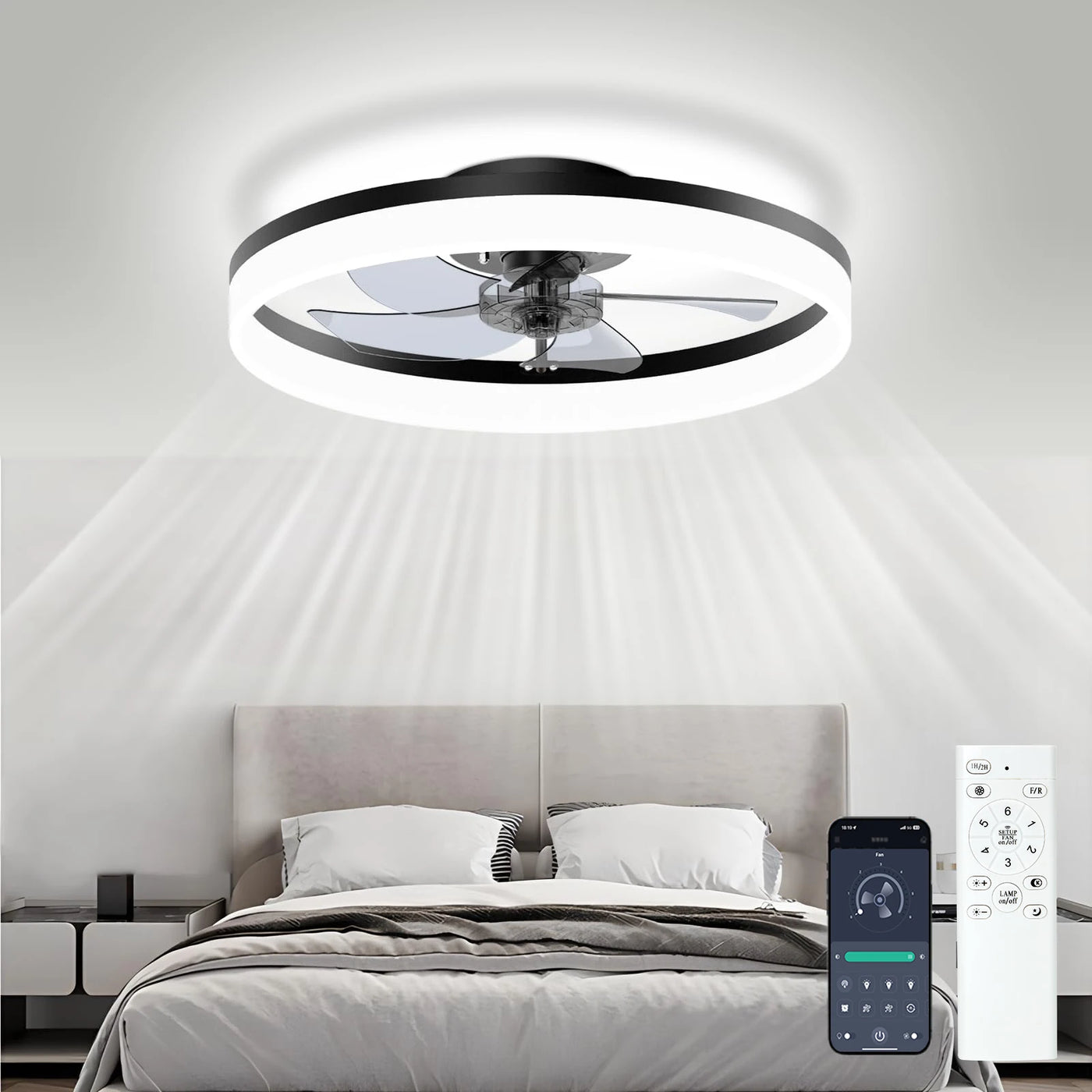 Smart Ceiling Fan with LED Light - Remote Control, Retractable Silent Blades for Bedroom Decor