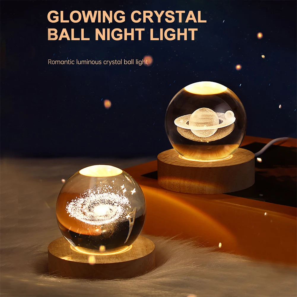 3D Crystal Ball Night Light - Glowing Planet, Galaxy, Moon, Astronaut Table Lamp for Kids' Gifts