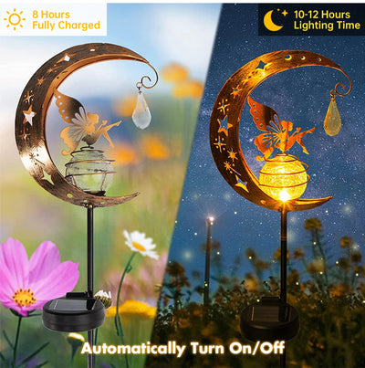 Moon Fairy Garden Solar Stake Lights Outdoor Crackle Glass Globe with Metal Angle Stake Decoration