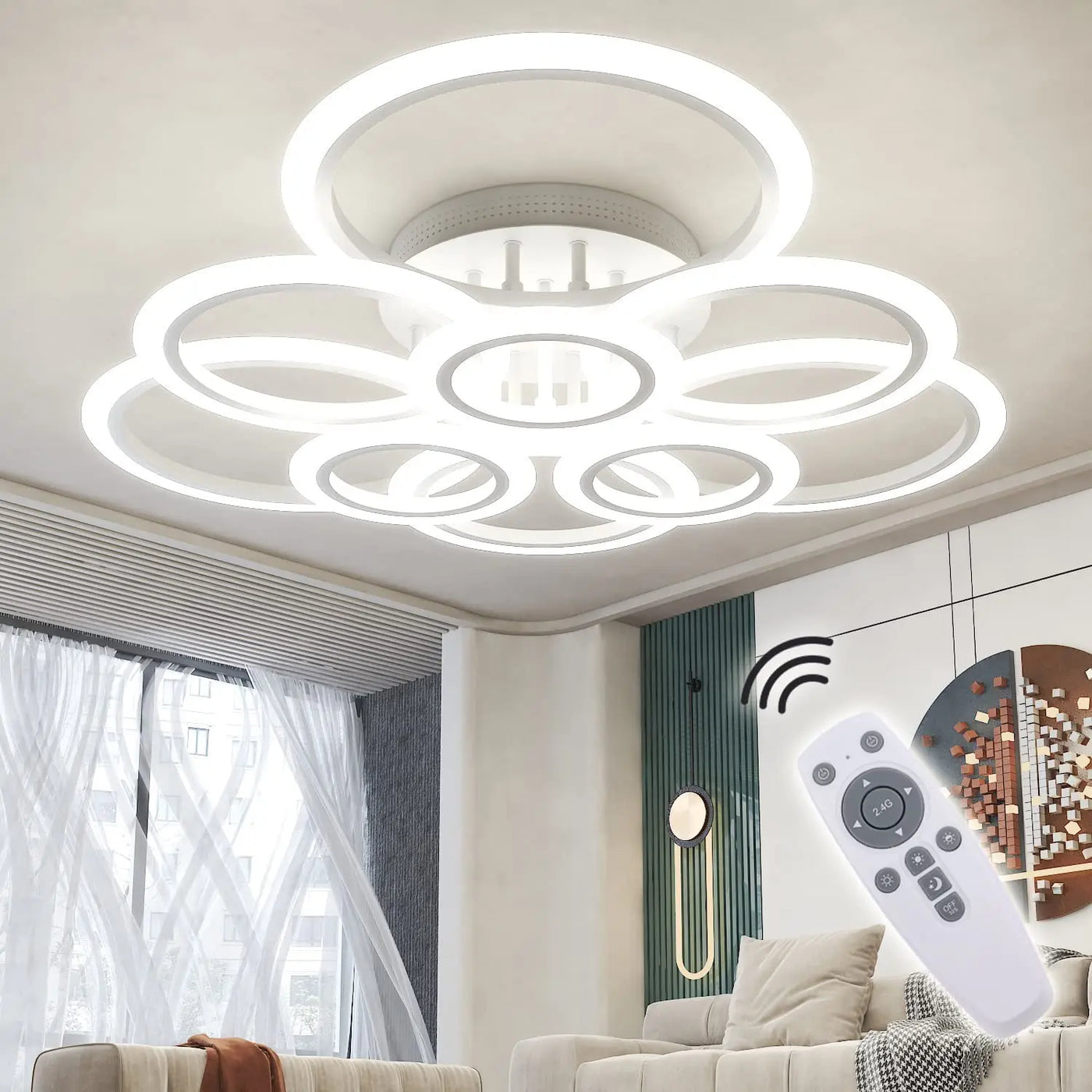 Smart LED Ceiling Light: Remote Dimming, Stylish Ring Design, Ideal for Daily Living Room