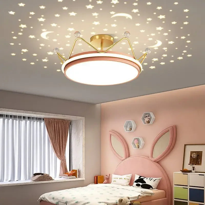 Crown LED Dimmable Ceiling Chandelier Star and Moon Lamp Pendant Children Boys Girls Bedroom Study Ceiling Lamp Room Decoration