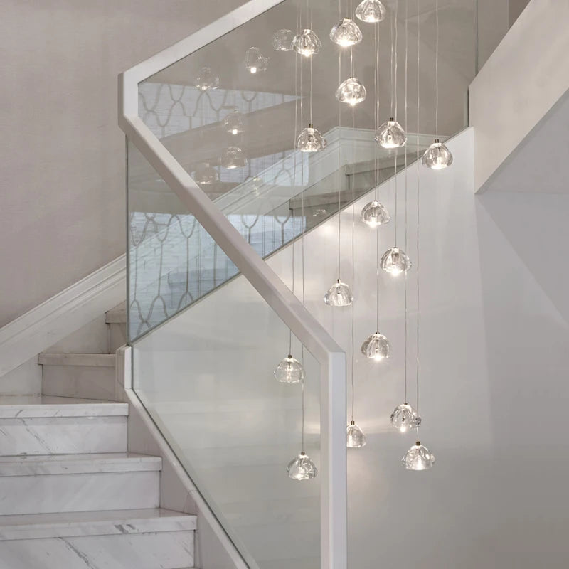 Modern Crystal Chandelier LED Loft Stairway Lamp - Remote Control, Multiple Colors, Metal, Contemporary Design